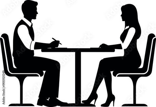 Professional Business Interview Silhouette with Recruiter Taking Notes and Female Candidate Sitting at Table for Job Hiring and Corporate Meeting