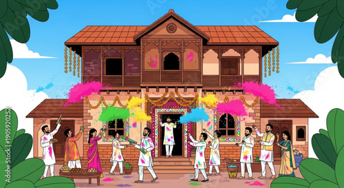 People celebrating holi festival with colorful powders and umbrellas in front of traditional indian house