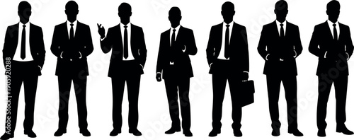 Professional Business Men Silhouettes in Suits and Ties Standing in Diverse Poses Representing Corporate Leadership Teamwork Success and Career Growth
