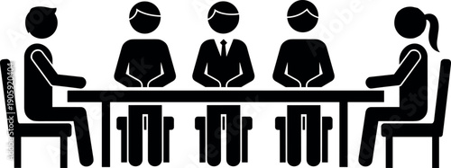 Professional business people sitting at a conference table for a corporate meeting, job interview, teamwork collaboration, and office communication silhouette.