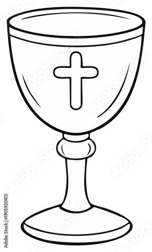 A simple black and white line drawing of a holy communion chalice with a cross symbol, a religious icon for coloring