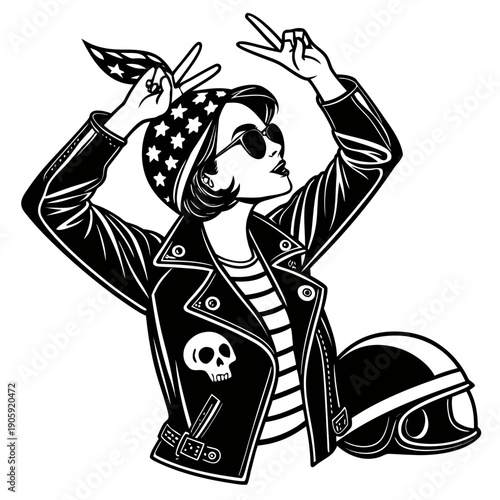 Vintage Biker Girl Illustration with Victory Hand Sign and Wings Emblem Set,Retro Style Motorcycle Culture Vector Art with Winged Hand Gestures and Badges