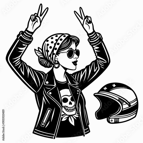 Vintage Biker Girl Illustration with Victory Hand Sign and Wings Emblem Set,Retro Style Motorcycle Culture Vector Art with Winged Hand Gestures and Badges