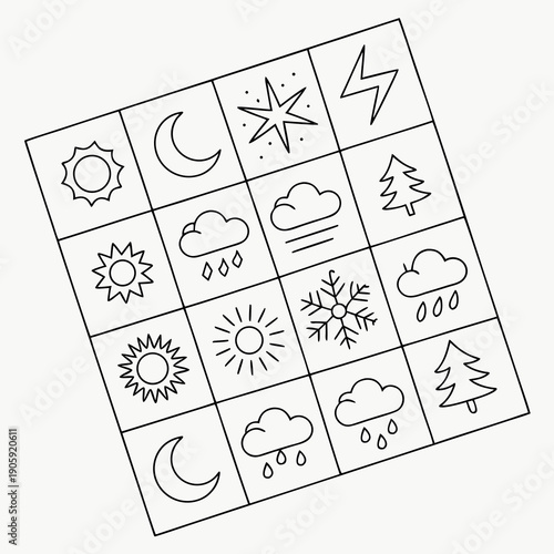 A collection of weather icons in a grid Vector