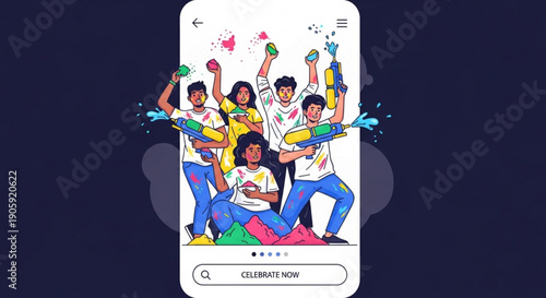 Diverse group of friends celebrating holi festival with colorful water guns on a smartphone screen