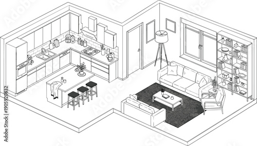 Isometric kitchen living room illustration, modern interior design vector, open concept home drawing, furniture layout artwork, architectural visualization sketch