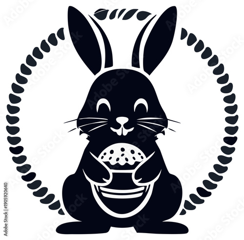Silhouette of a Rabbit Holding Decorated Easter Cake within a Round Frame, Festive Holiday Celebration Symbol for Spring Season