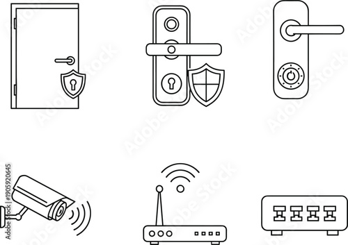 Home security icon set, door lock illustration, surveillance camera vector, wireless router artwork, network switch design, smart technology symbols