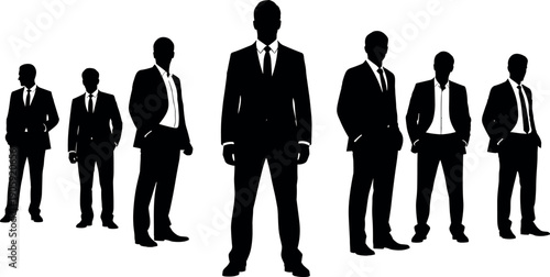 Professional group of successful businessmen in suits standing together as a team led by a confident leader in silhouette style