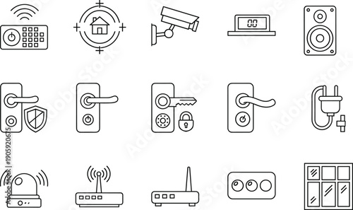 Smart home security icon set, wireless technology illustration, surveillance camera vector, keypad design, alarm siren artwork, modern automation symbols