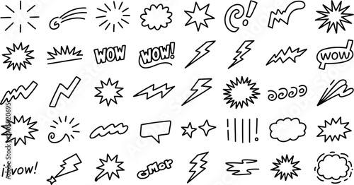 Comic Style Explosion and Speech Bubble Vector Set, Hand Drawn Doodle Elements for Pop Art Design
