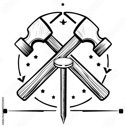 Crossed hammers and nail icon, woodworking emblem in monochrome