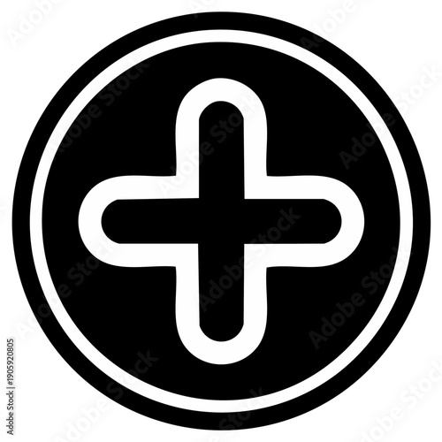Black round icon featuring a white plus symbol for addition, health, or medical related design