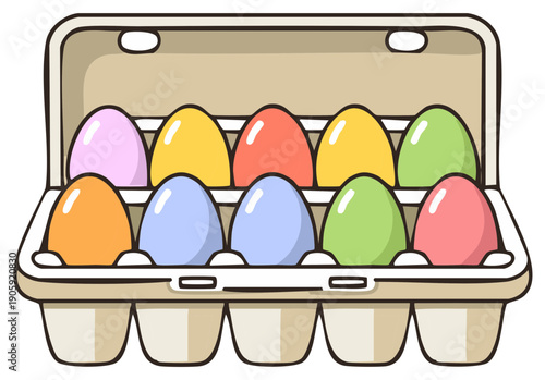 Colorful cartoon Easter eggs in an open cardboard egg carton illustration