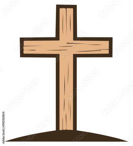 A simple wooden cross standing on a hill, a Christian symbol of faith and resurrection.