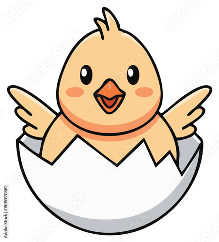 Cartoon chick emerging from eggshell with open wings, cute farm animal baby bird hatching