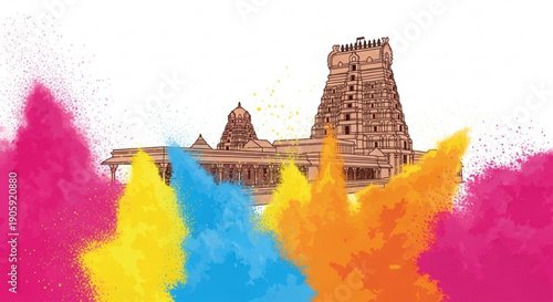 Vibrant holi celebration with colorful powder in front of traditional indian temple architecture