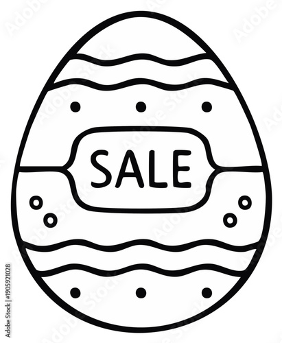 Decorated Easter egg with a sale sign, simple holiday promotion line art icon