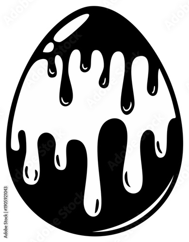 Monochromatic illustration of an egg shape with dark liquid dripping down, resembling chocolate or icing.