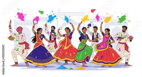 People celebrating holi festival with colorful powders dancing and having fun together in traditional attire