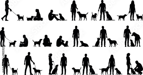Set of black silhouettes featuring men and women walking, training, sitting, and playing with different dog breeds on white background.