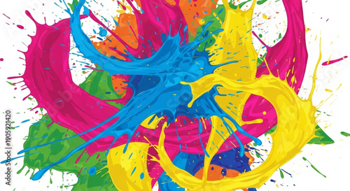 Vibrant colorful paint splatters on white background abstract art with pink blue yellow green and orange hues creative expression