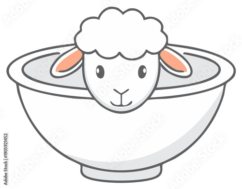 Cute cartoon lamb smiling in a bowl of hot soup vector illustration