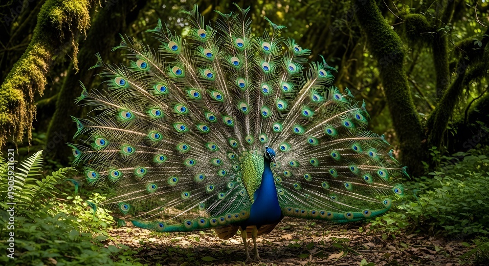 Obraz premium A vibrant peacock spreads its stunning tail feathers in a lush forest clearing with trees and greenery all around it