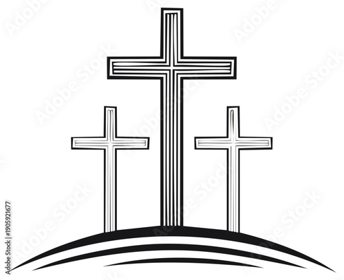 Three stylized crosses on a hill representing faith hope and salvation