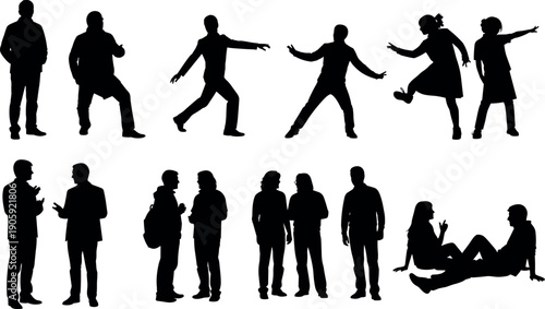 Set of silhouette people in various poses including walking standing talking and sitting isolated on white background for vector design