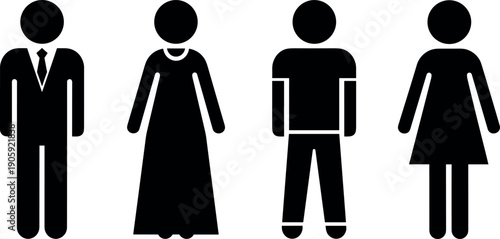 Set of stick figure icons showing different clothing levels from formal suit and gown to casual t-shirt and summer dress