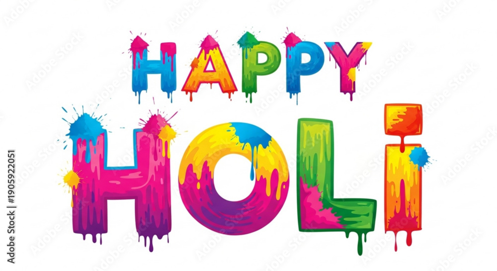 Obraz premium Vibrant happy holi festival text with colorful paint splatters on white background celebrating joy and festivity