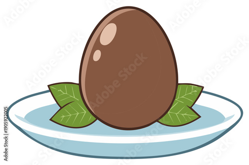 Chocolate egg on a decorative plate with green leaves, cartoon illustration.
