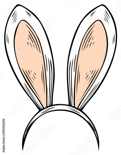 Hand-drawn white bunny ears headband with pink interior in sketch style for Easter celebration