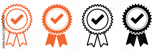 Certified medal icon, verified badge icon set, quality guarantee  check mark, rosette and star symbols, vector illustrations for authentication, validation, certification, branding, and digital 
