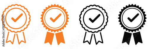 Certified medal icon, verified badge icon set, quality certificate with guarantee check mark, award rosette and star, vector illustrations for authentication, validation, branding, and digital design