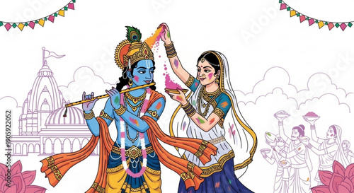 Krishna and radha dancing together in traditional indian attire with temple background and colorful decorations