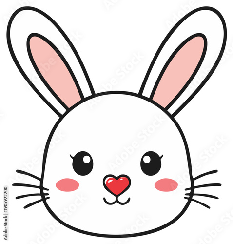 Cute cartoon bunny face illustration with pink ears, cheeks and red nose heart