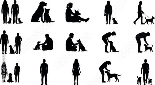 Silhouette Collection of People Interacting with Dogs Featuring Men and Women Walking Sitting Playing and Bonding with Canine Pets Set