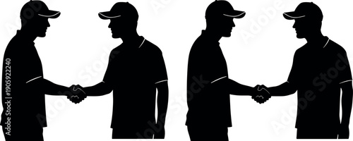 Silhouette Illustration of Two Professional Service Workers in Caps and Polo Shirts Shaking Hands Symbolizing Agreement Trust Partnership and Teamwork