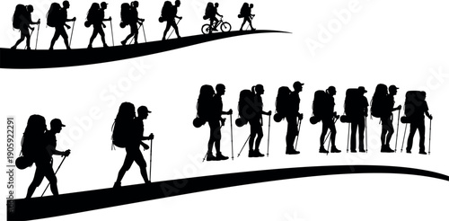 Silhouette of a group of hikers and a cyclist with backpacks trekking on a curved trail for outdoor adventure travel