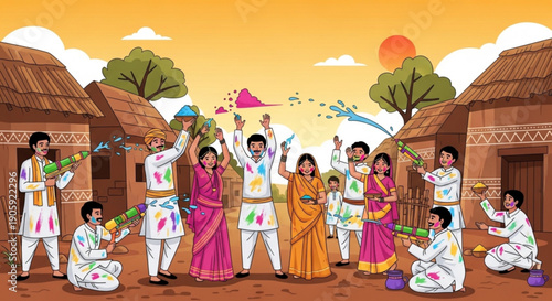 People celebrating holi festival with colorful powders and waters in traditional indian village setting with mud houses