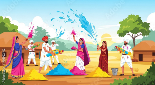 People celebrating holi festival with colored powders and waters in a rural indian village setting
