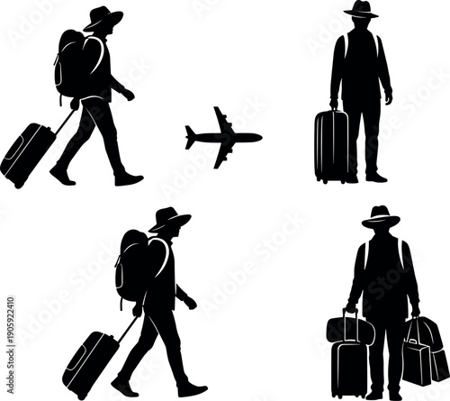 Silhouette of a male traveler with backpack and suitcase walking and standing set, passenger journey and airline travel vector illustration