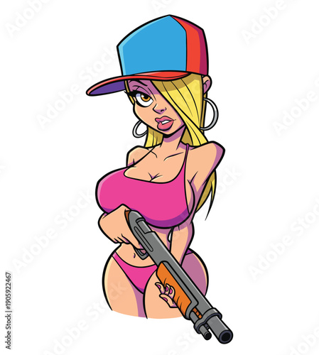 Edgy girl in bikini holding a shotgun