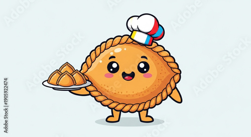 Cheerful cartoon dumpling character wearing chef hat and holding a plate of dumplings standing on two legs with a friendly smile