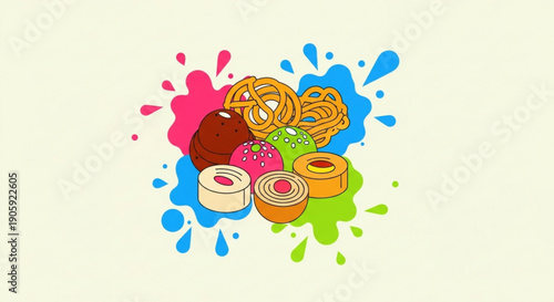 Colorful illustration of assorted sweet pastries and desserts with vibrant paint splatters on a cream background