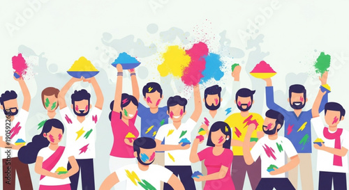 Group of diverse people celebrating with colorful powder and paint on their faces and clothes joyful atmosphere vibrant illustration