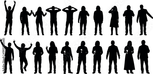Silhouette of diverse people group standing in various poses, celebrating with drinks, cheering, and socializing at a party or event