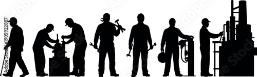 Industrial workers and engineers silhouettes set with factory machinery technicians maintenance staff construction builders and repairman icons for professional manufacturing concept